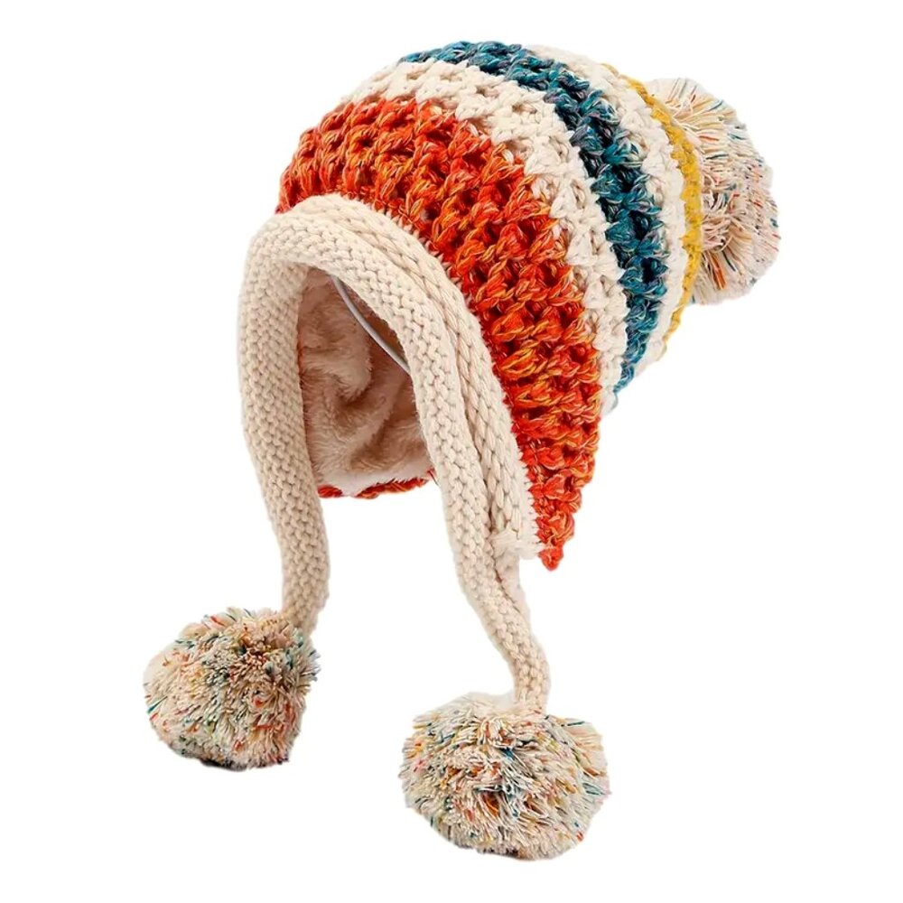 Cute Warm Knitted Striped With Pompoms Fleece Lined • Ski Hat - Picture 2 of 5